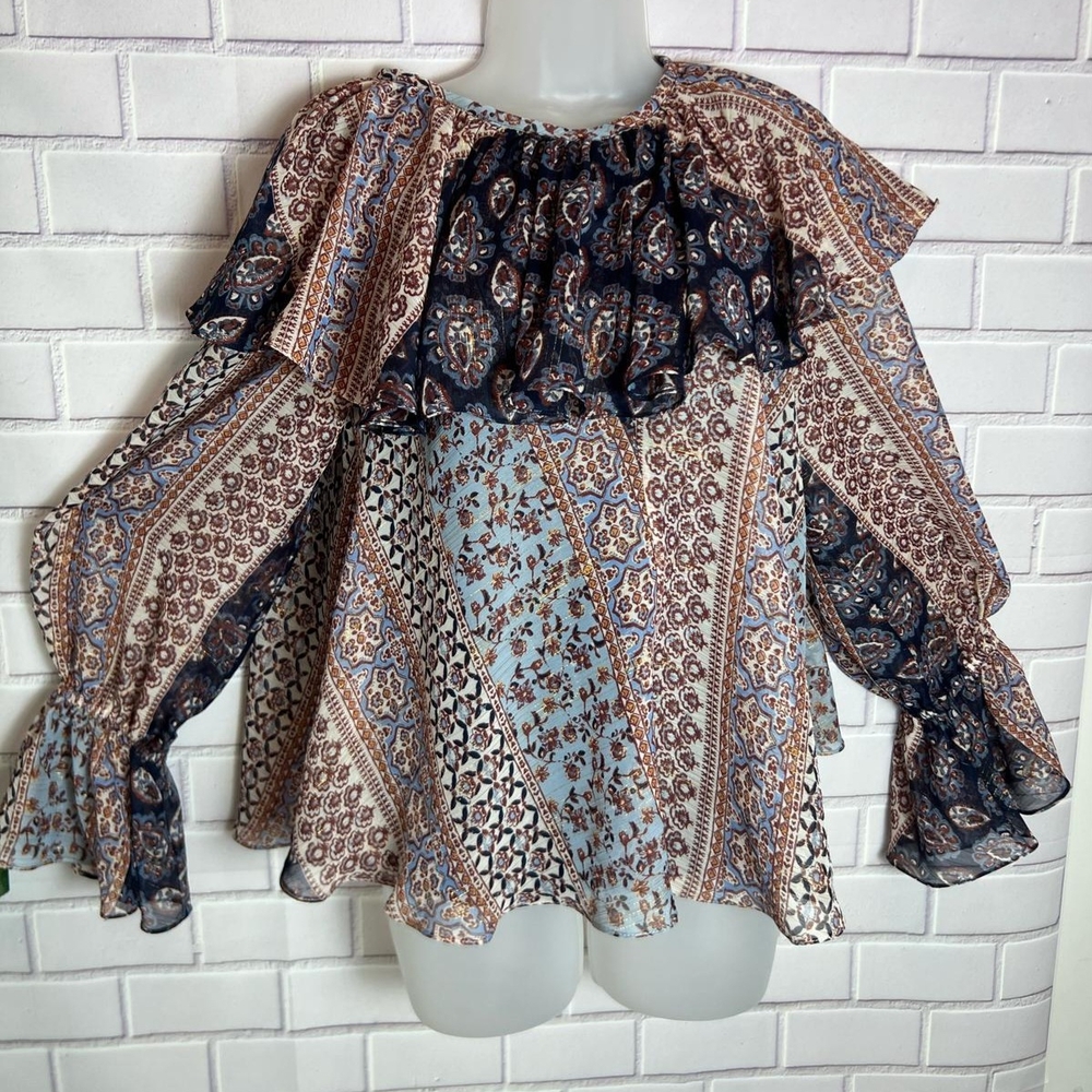 NWOT     Tan Ruffled Long Sleeves Asymmetrical Blouse with Brown Floral Accents
